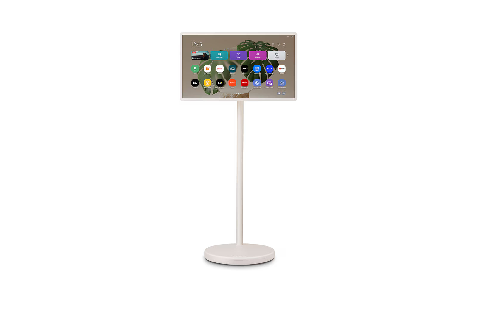 Téléviseur LG StanbyME 27" sans fil avec pied et batterie intégrée, écran moderne et portable pour la maison.