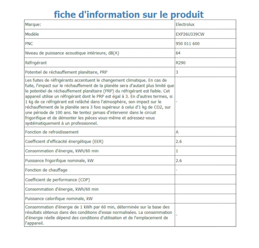 Climatiseur Mobile Electrolux EXP26U339CW Comfort 600 – 2600 W, Classe A, R290, 64 dB