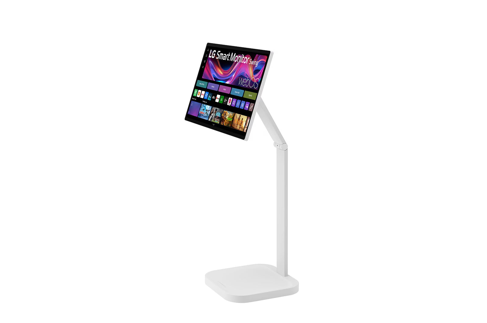 Écran LG 32U889SA-W, moniteur Smart 32" UHD 4K IPS avec support inclinable et batterie intégrée, affichage clair et vibrant.