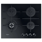 Table de cuisson Whirlpool GOWL628NBFR avec surface en verre noir et commandes tactiles, vue de l'angle.