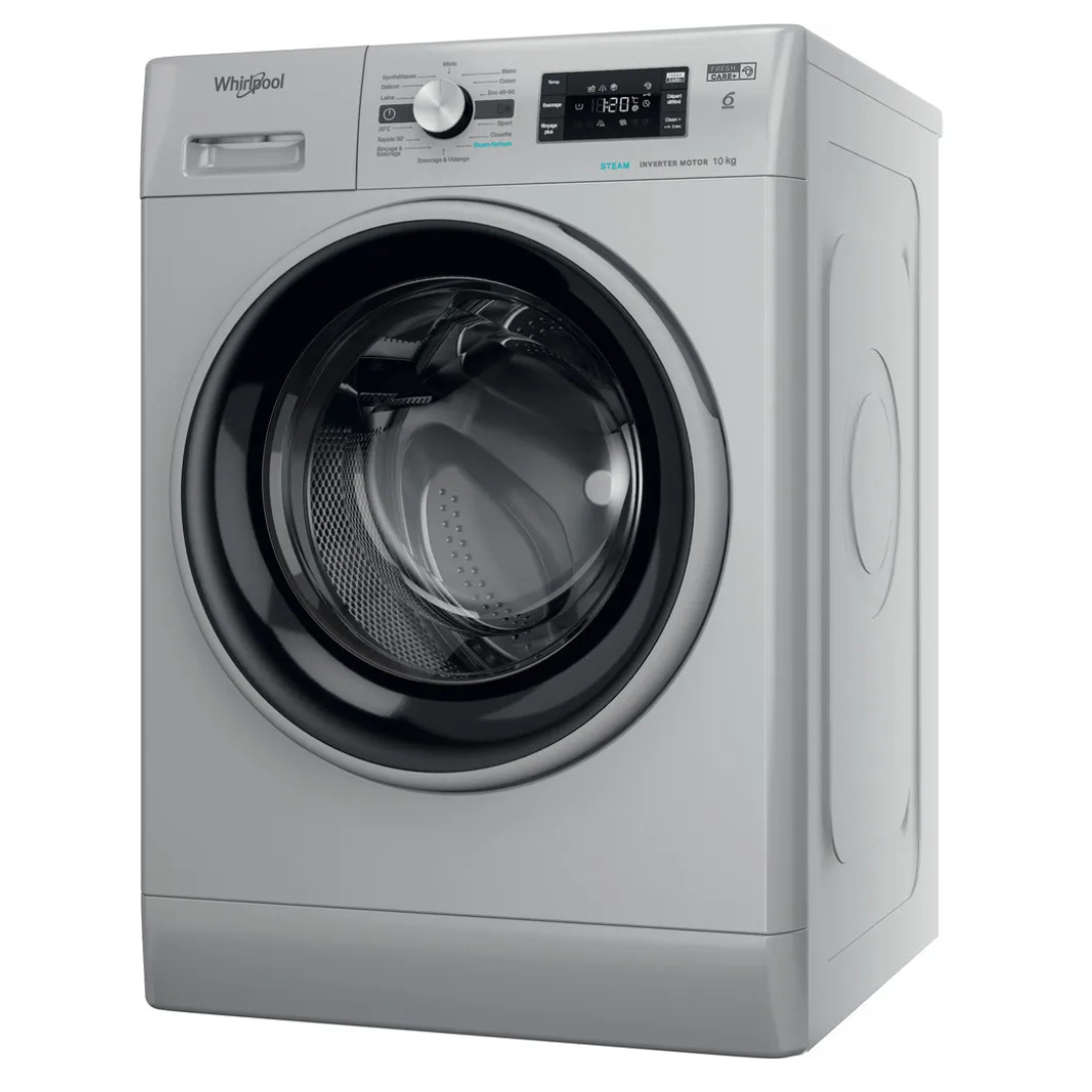Lave-linge Whirlpool FFBP10469SBSVFR avec porte en verre, affichage numérique et tambour en acier inoxydable.
