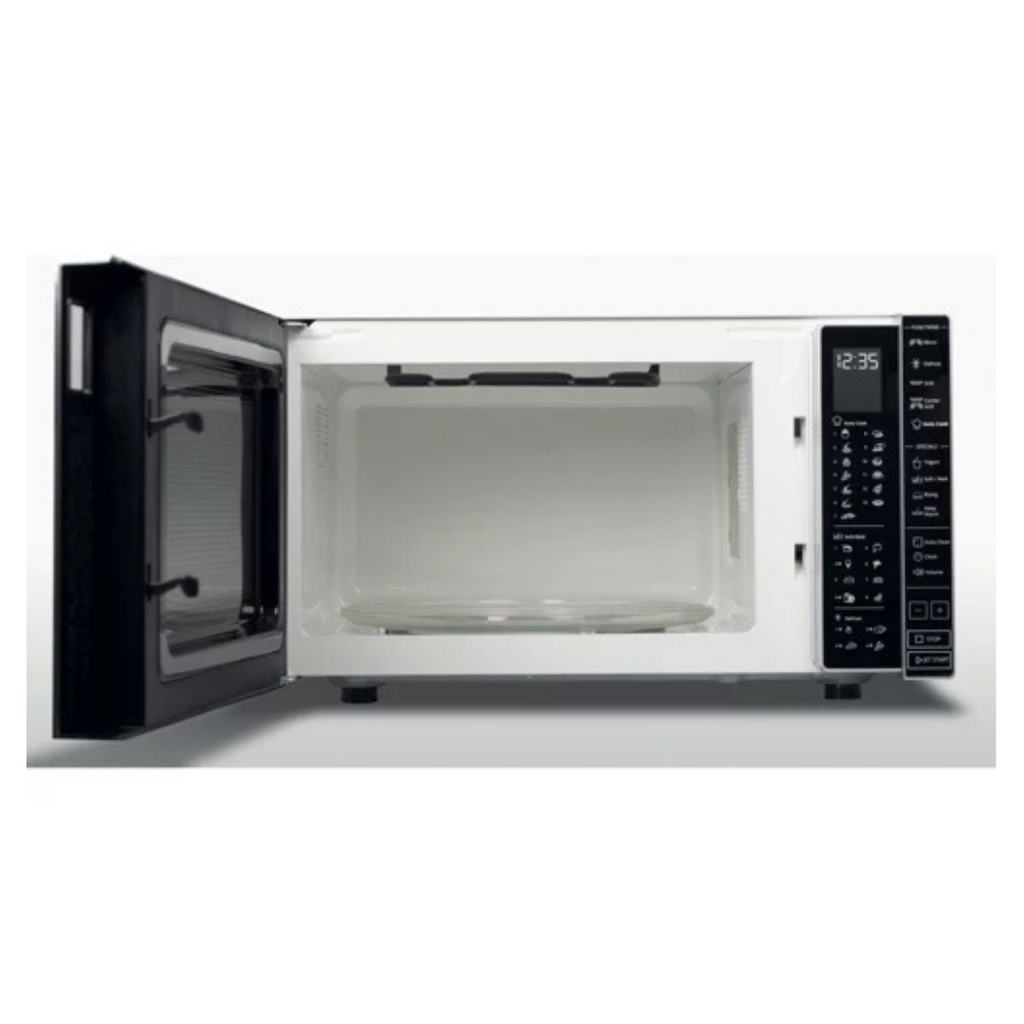 Micro-ondes Whirlpool MWP303SB avec porte en verre et boutons de commande visibles. Accessoires pour micro-ondes.