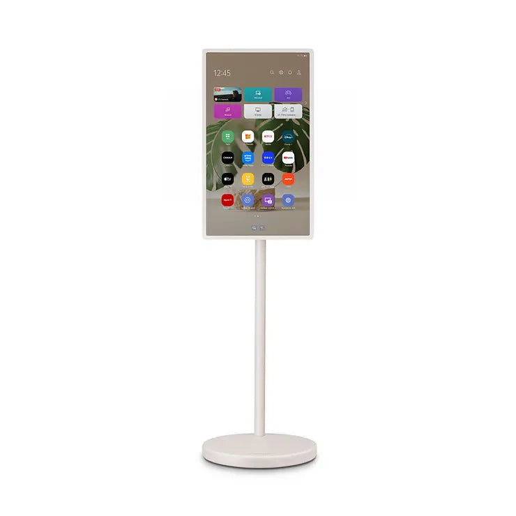 Écran TV sans fil LG StanbyME 27 pouces sur pied avec batterie intégrée, affichage clair et design moderne.