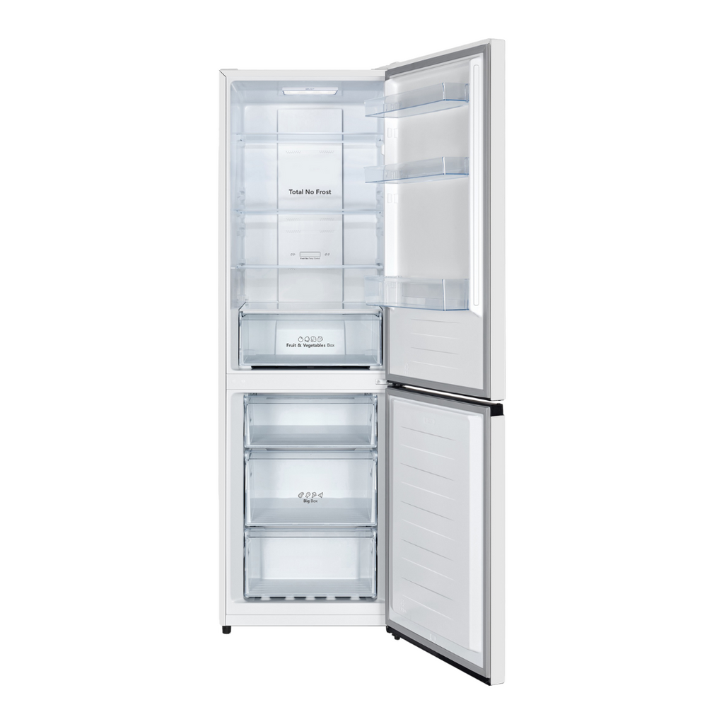 Réfrigérateur HISENSE FCN300ACE1 avec porte en acier inoxydable et intérieur spacieux, vue de face.