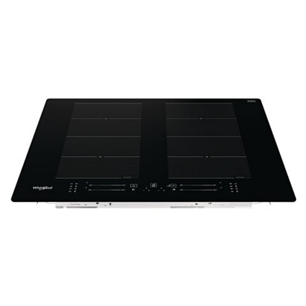 Table de cuisson induction encastrable Whirlpool WF S8865 NE avec surface en verre noir et commandes tactiles.