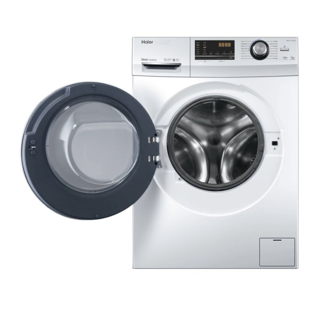 Lave-linge Haier HW90-B14636N avec porte en verre et panneau de contrôle numérique, vue de face.
