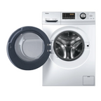 Lave-linge Haier HW90-B14636N avec porte en verre et panneau de contrôle numérique, vue de face.
