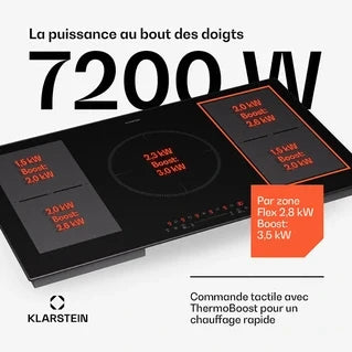 KLARSTEIN 90 cm 7000W induction hob, hybrid induction cooktop, 4 burners, ThermoBoost, Black
