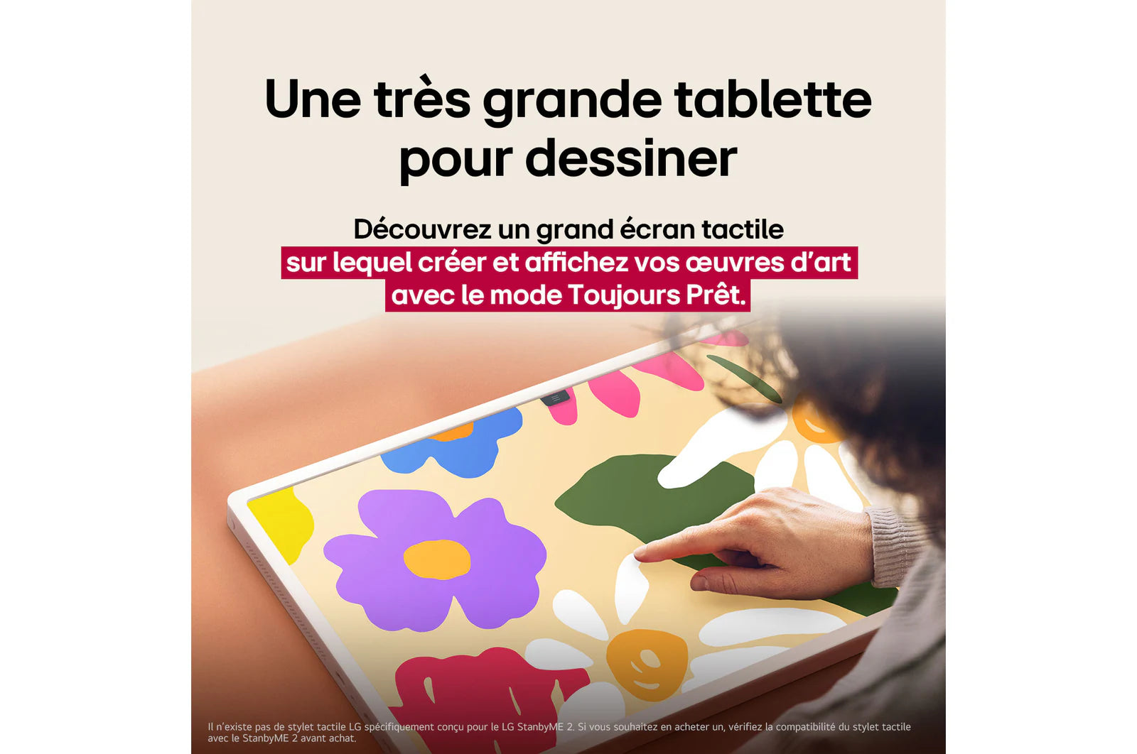 Téléviseur LG StanbyME 27" sans fil avec support sur pied et batterie intégrée, écran TV portable et moderne.