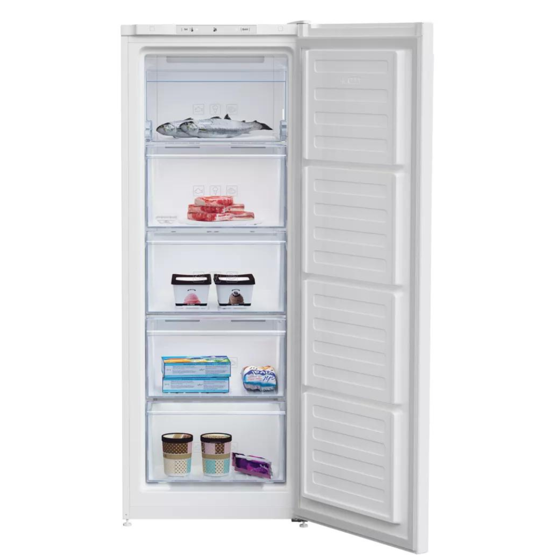 Congélateur BEKO RFNM200E40WN avec portes en verre et tiroirs de stockage, intérieur spacieux et compartiments organisés.