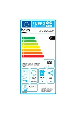 Secadora de bomba de calor Beko de carga frontal de 7 kg - dh7512ca0w
