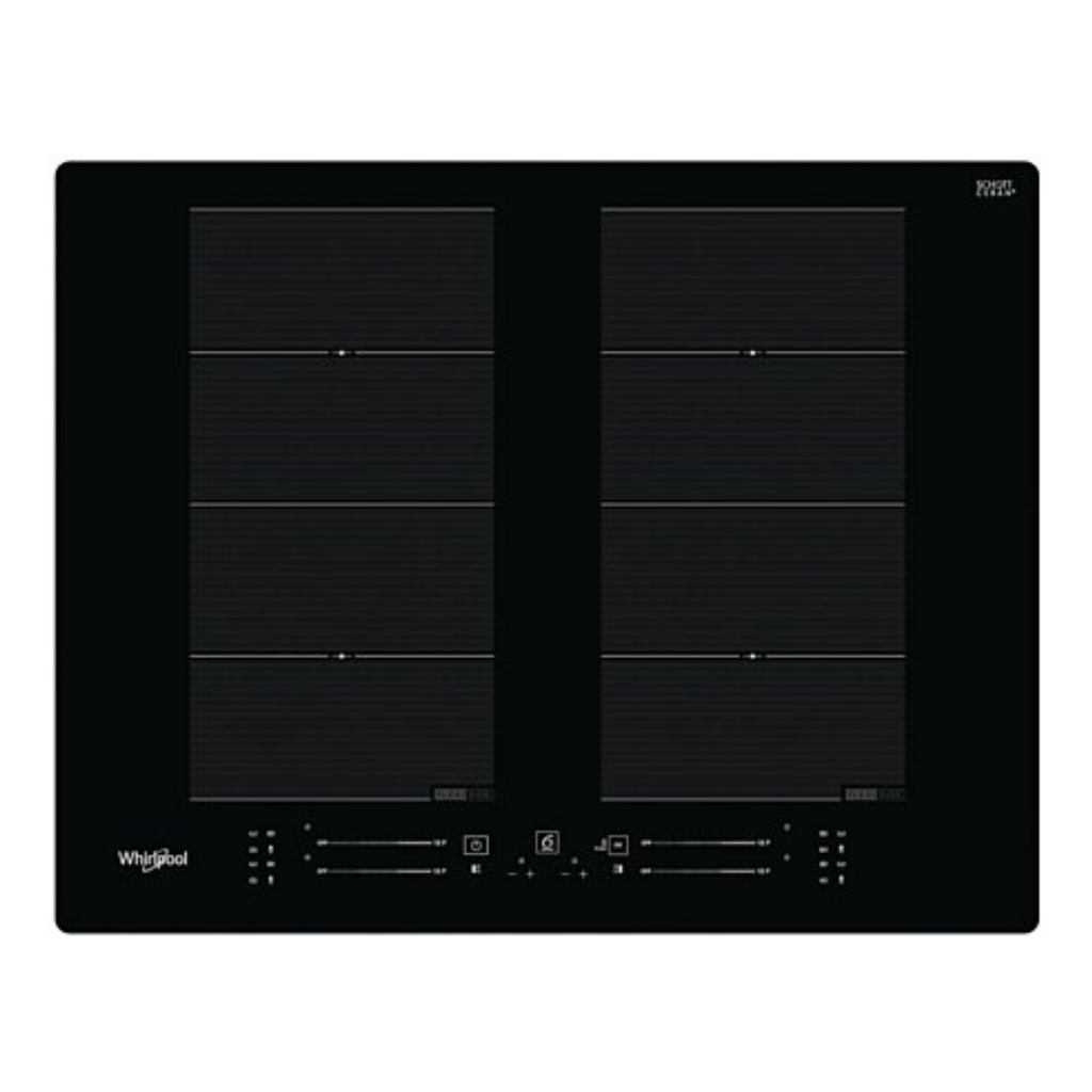 Table de cuisson induction encastrable Whirlpool WF S8865 NE avec surface en verre et commandes tactiles.