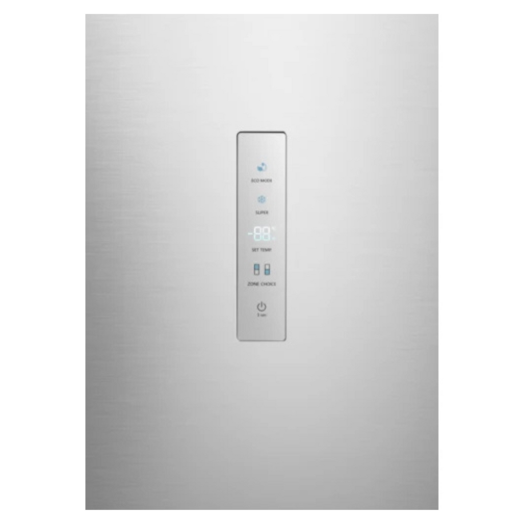 Réfrigérateur HISENSE RB390N4CCD1 avec portes en acier inoxydable et espace de rangement intérieur visible.