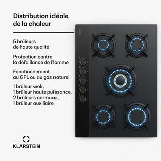 KLARSTEIN Goldflame Nano gas hob, 5 brass burners, 8 kW, gas cooktop - Natural gas/LPG