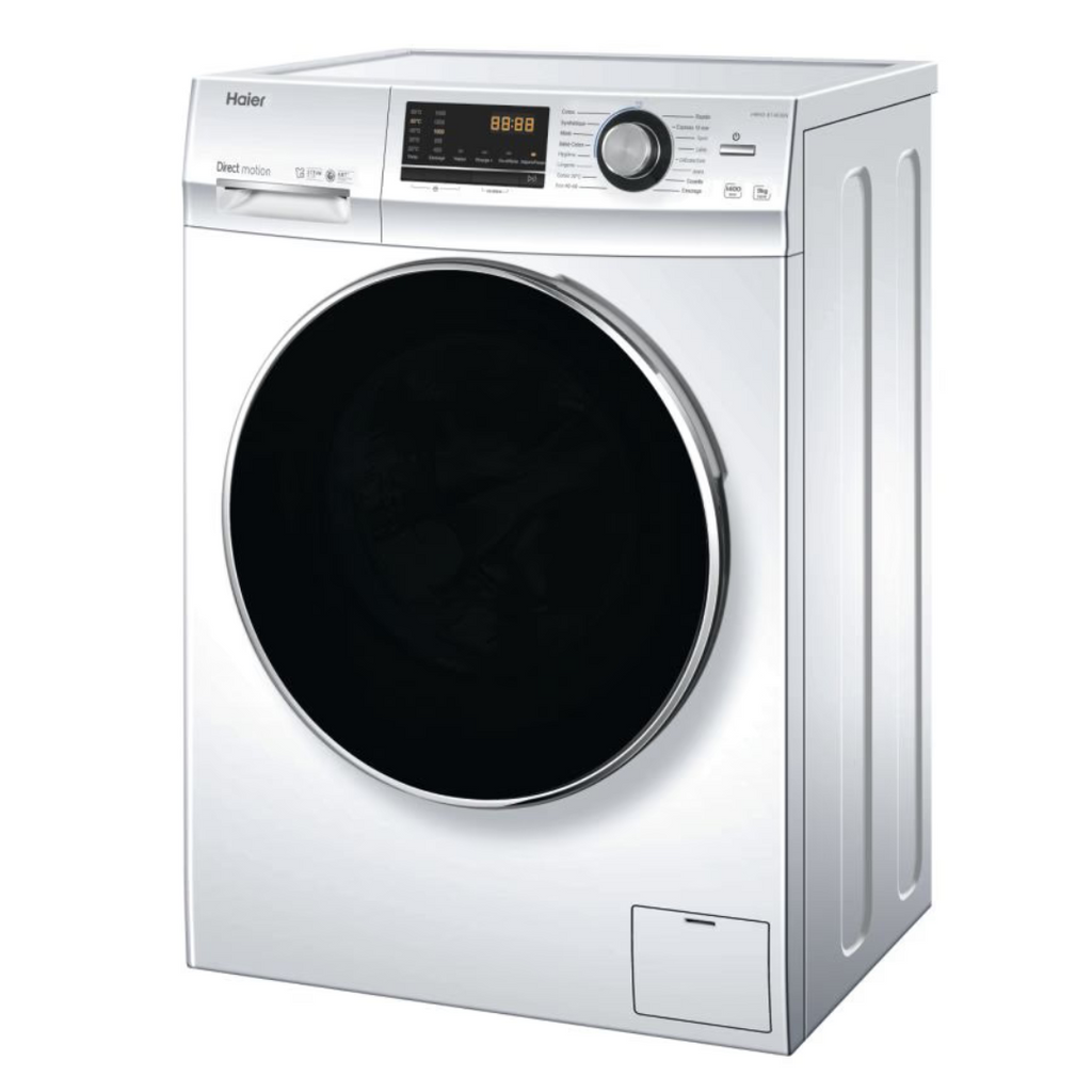 Lave-linge Haier HW90-B14636N avec porte blanche et écran numérique, vue de face, moderne et élégant.