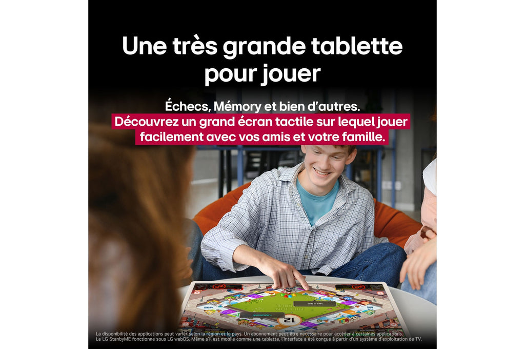 Téléviseur LG StanbyME 27" sans fil avec écran portable, support sur pied et batterie intégrée visible dans l'image.
