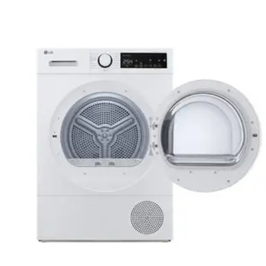 Sèche-linge LG RH8D13WH blanc avec porte et panneau de contrôle visible, prêt à sécher le linge.