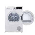 Sèche-linge LG RH8D13WH blanc avec porte et panneau de contrôle visible, prêt à sécher le linge.