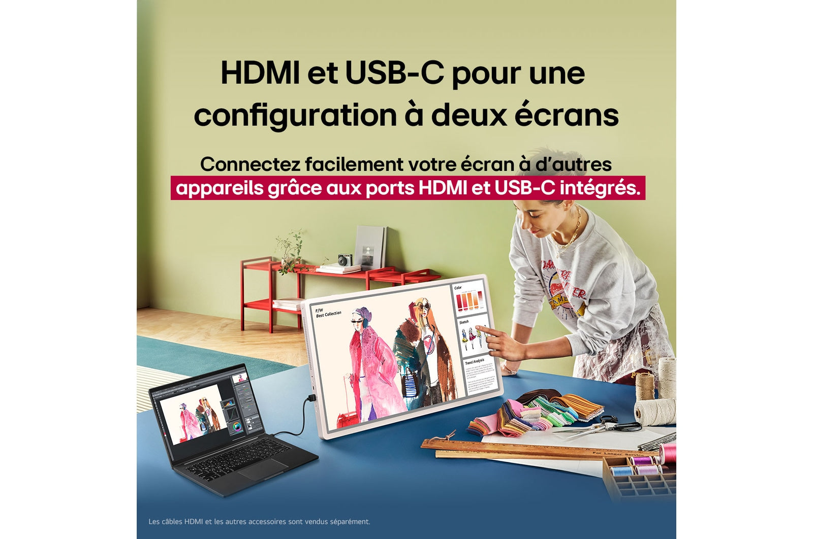 Téléviseur LG StanbyME 27" sans fil sur pied avec batterie intégrée, écran portable et design moderne.
