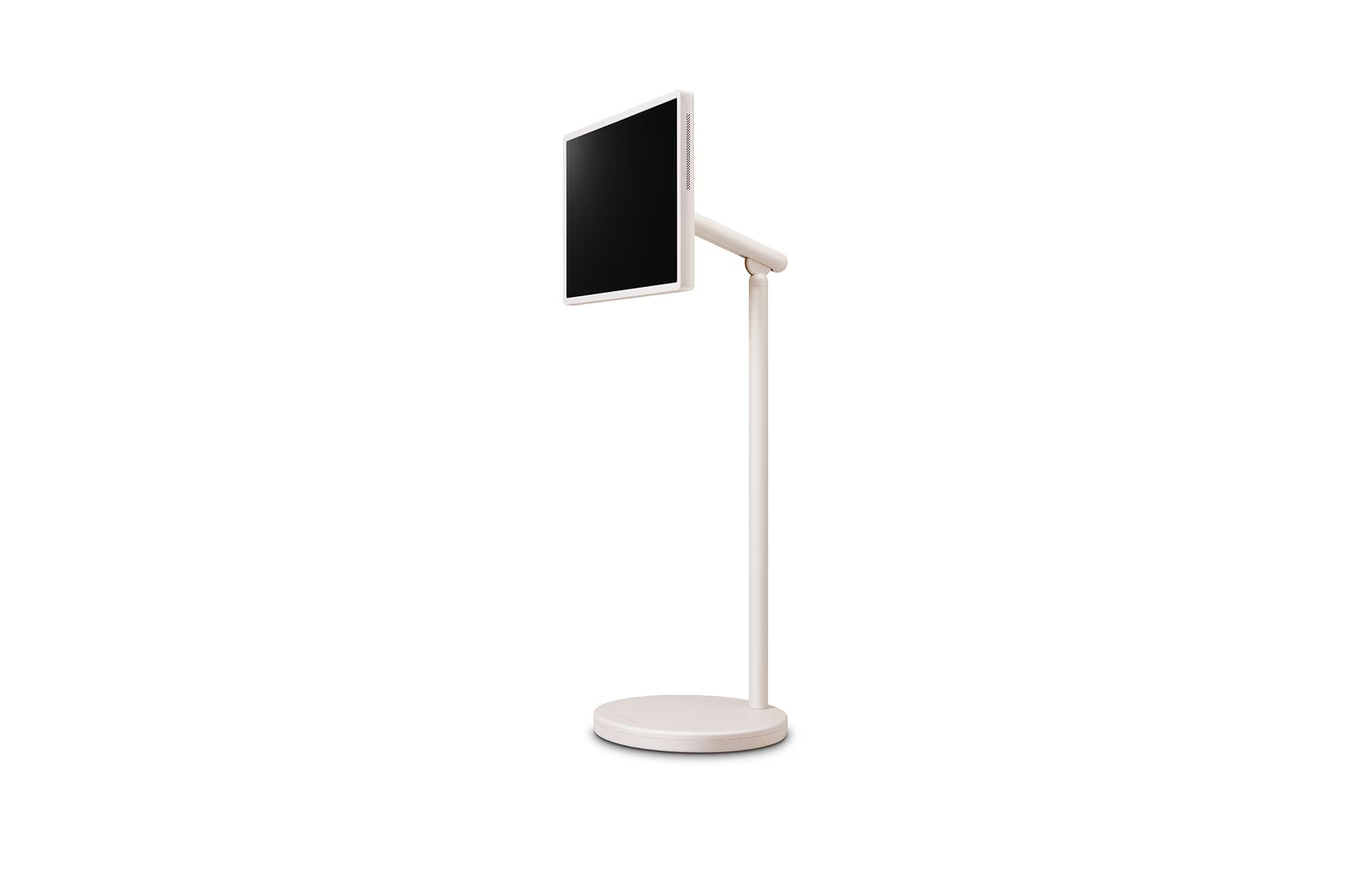 Téléviseur LG StandbyME 27 pouces, écran sans fil sur pied avec batterie intégrée, visible en position sur un support.