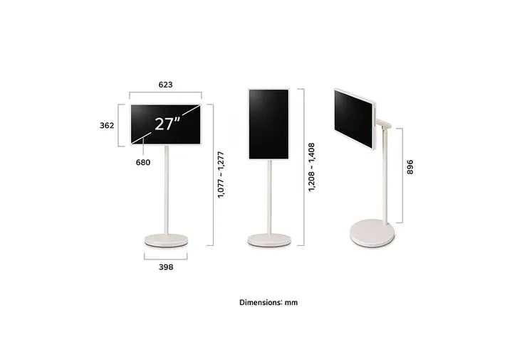Écran TV LG StanbyME 27" sans fil sur pied avec batterie intégrée, affichant une image d'écran lumineux.
